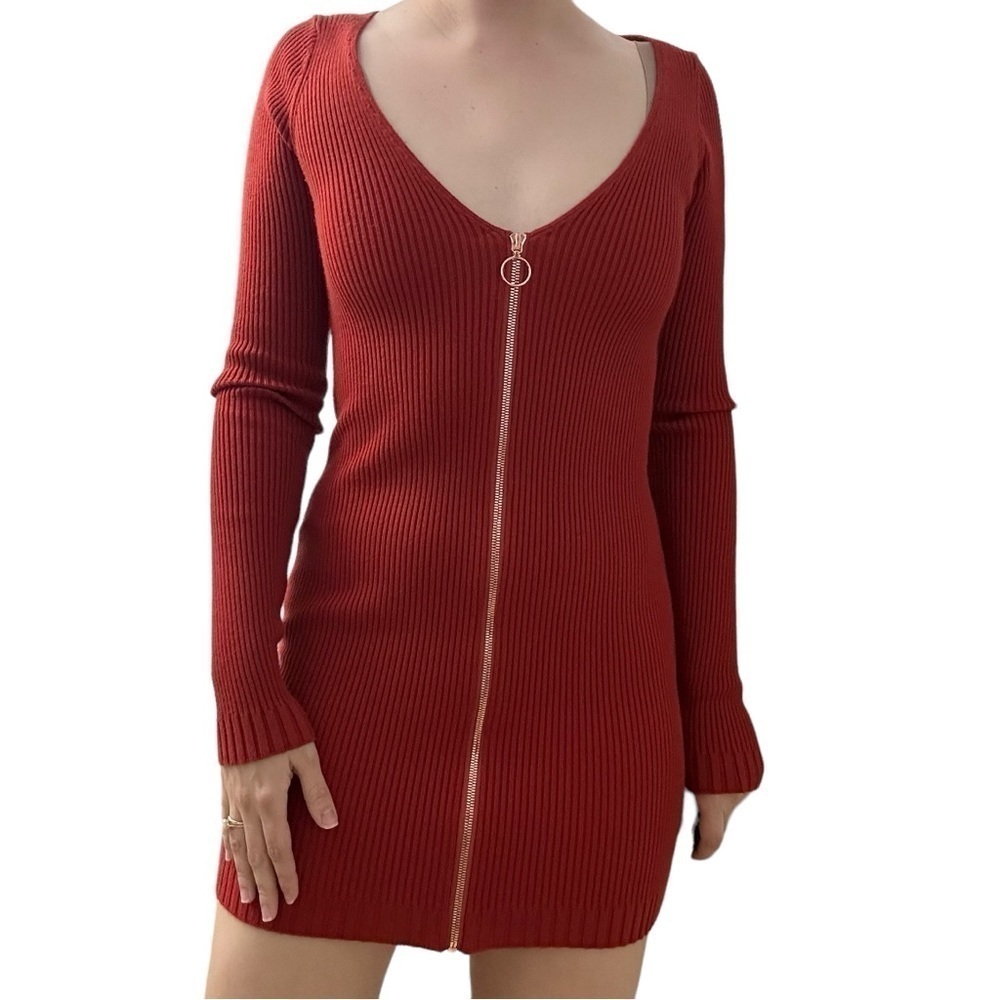 For Love & Lemons Dress Knit Ribbed Red Long Sleeve Bodycon Fitted Size Small